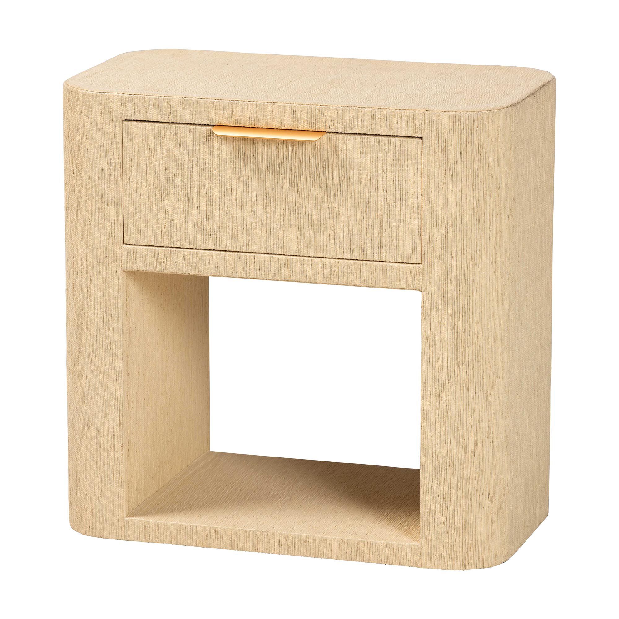 Beauford grasscloth nightstand with drawer and open shelf front view