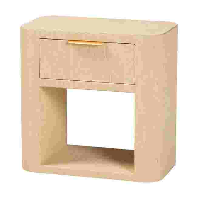Beauford grasscloth nightstand with drawer and open shelf front view