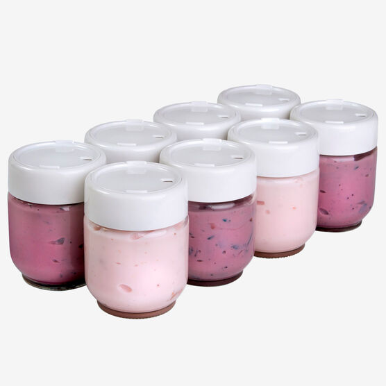 Set of 8 Glass Jars with Date Setting Lids for Euro Cuisine Yogurt Maker Model YMX650, CLEAR, hi-res image number null