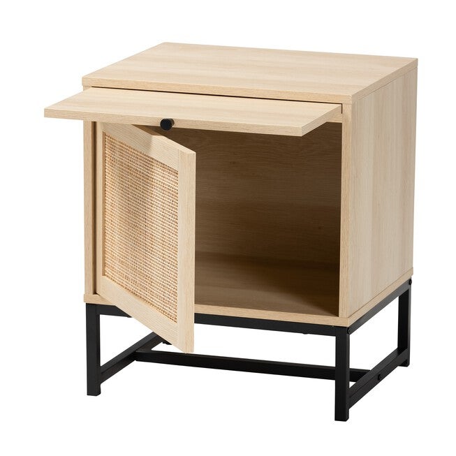 Caterina Mid-Century Modern Transitional Natural Brown Finished Wood And Natural Rattan 1-Door Nightstand With Pull-Out Shelf, , on-hover image number 1