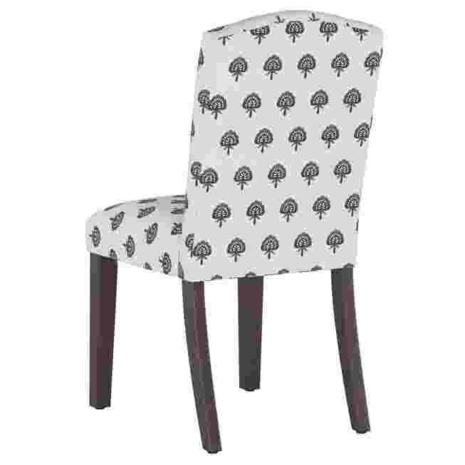 Rear three-quarter view of patterned dining chair