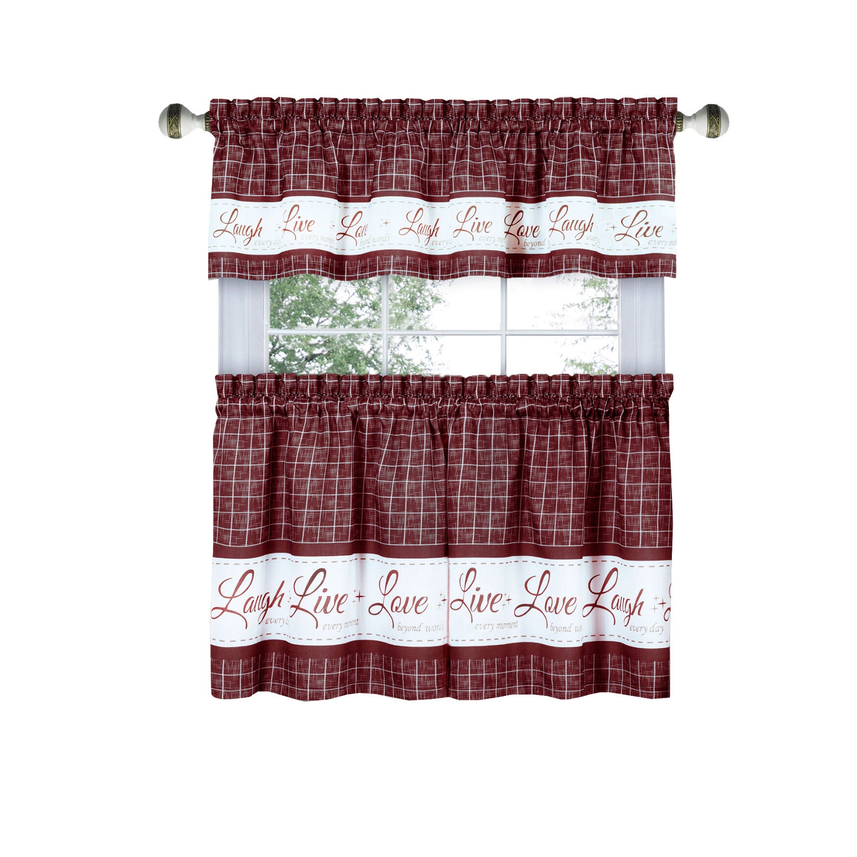 Live, Love, Laugh Window Curtain Tier Pair and Valance Set - 58x36, BURGUNDY, hi-res image number 0