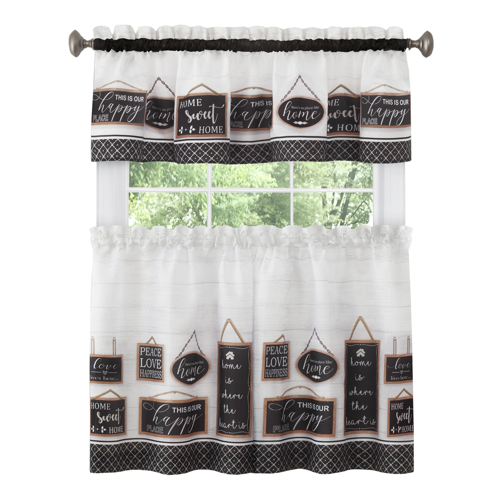 Modern Farmhouse Tier and Valance Window Curtain Set, BLACK, hi-res image number 0