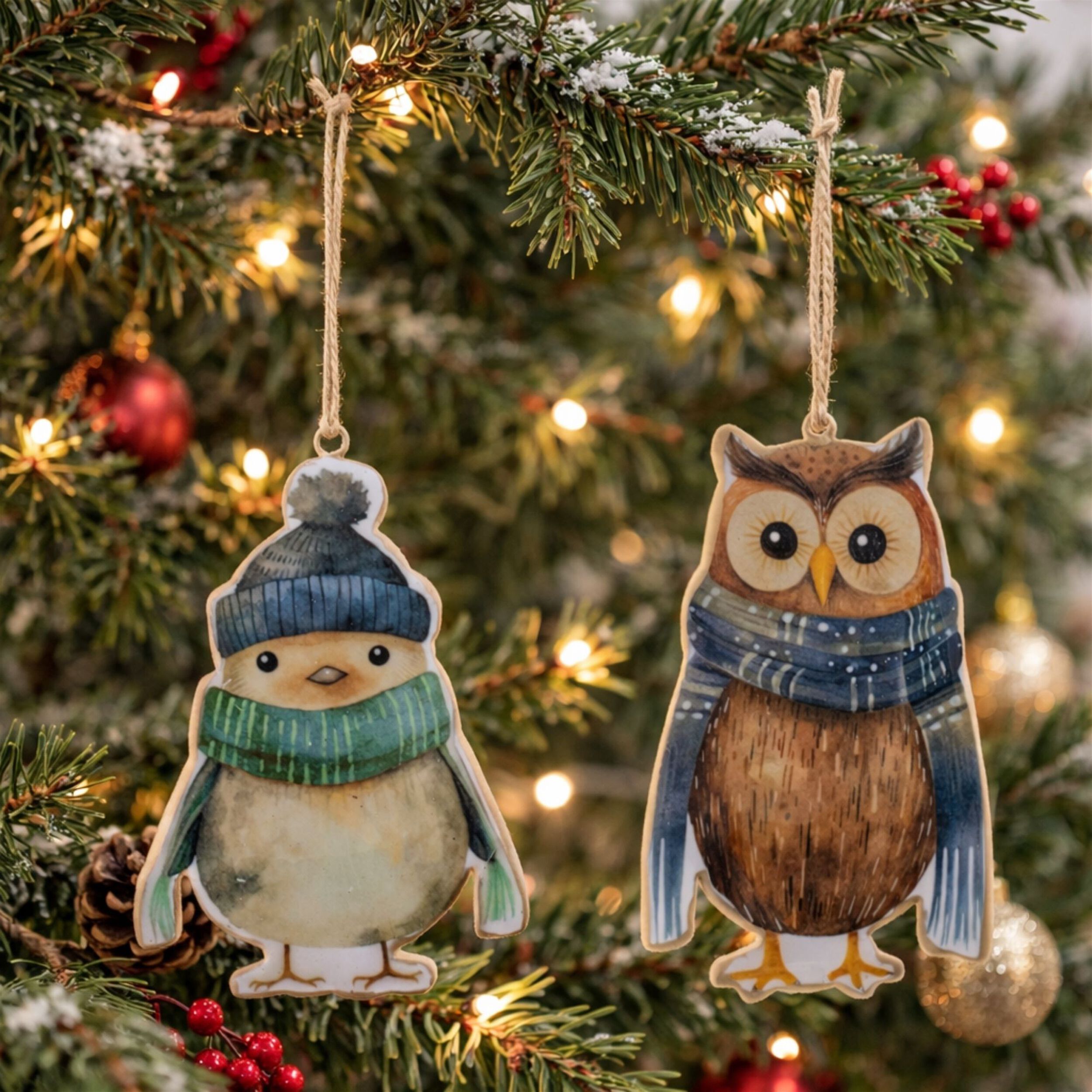Iron Winter Owl and Bird Ornament  (Set of 6), BROWN BLUE ORANGE, alternate image number 2