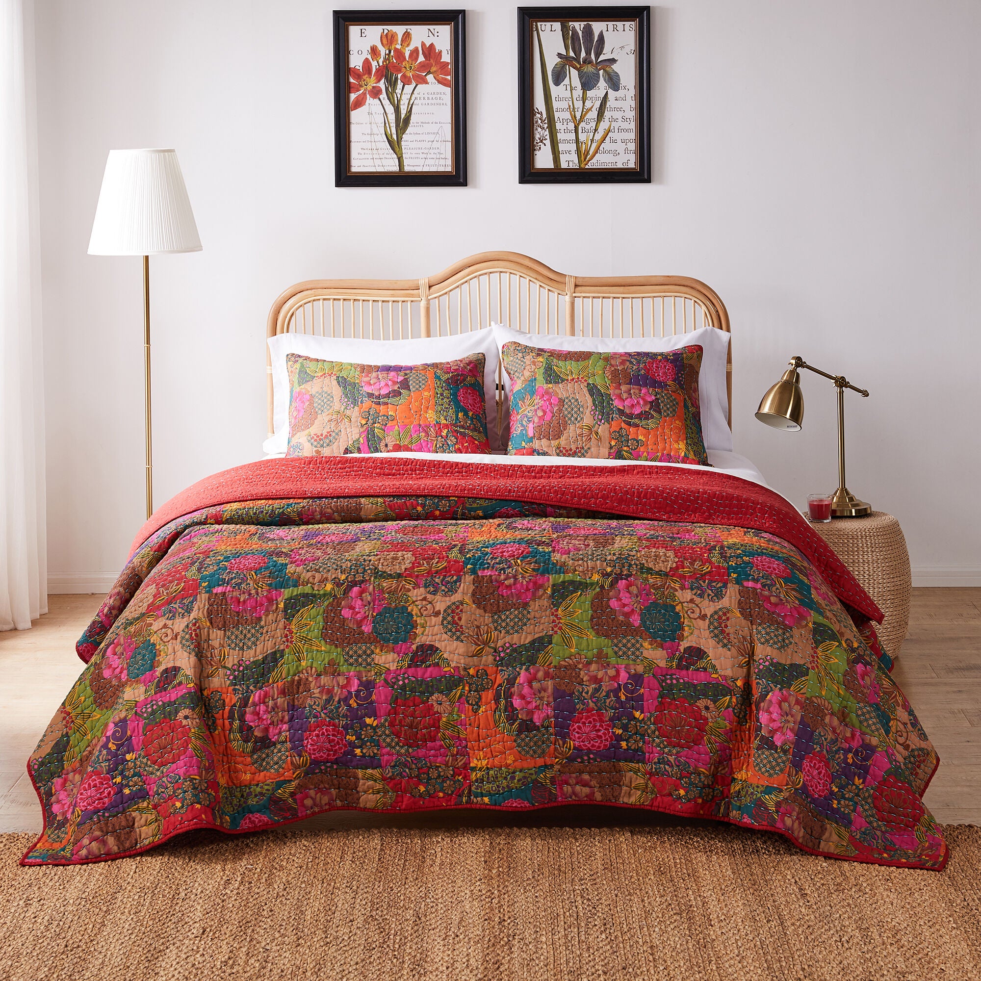 Jewel Floral 100% Cotton Kantha Quilt Set, RED, alternate image number 4