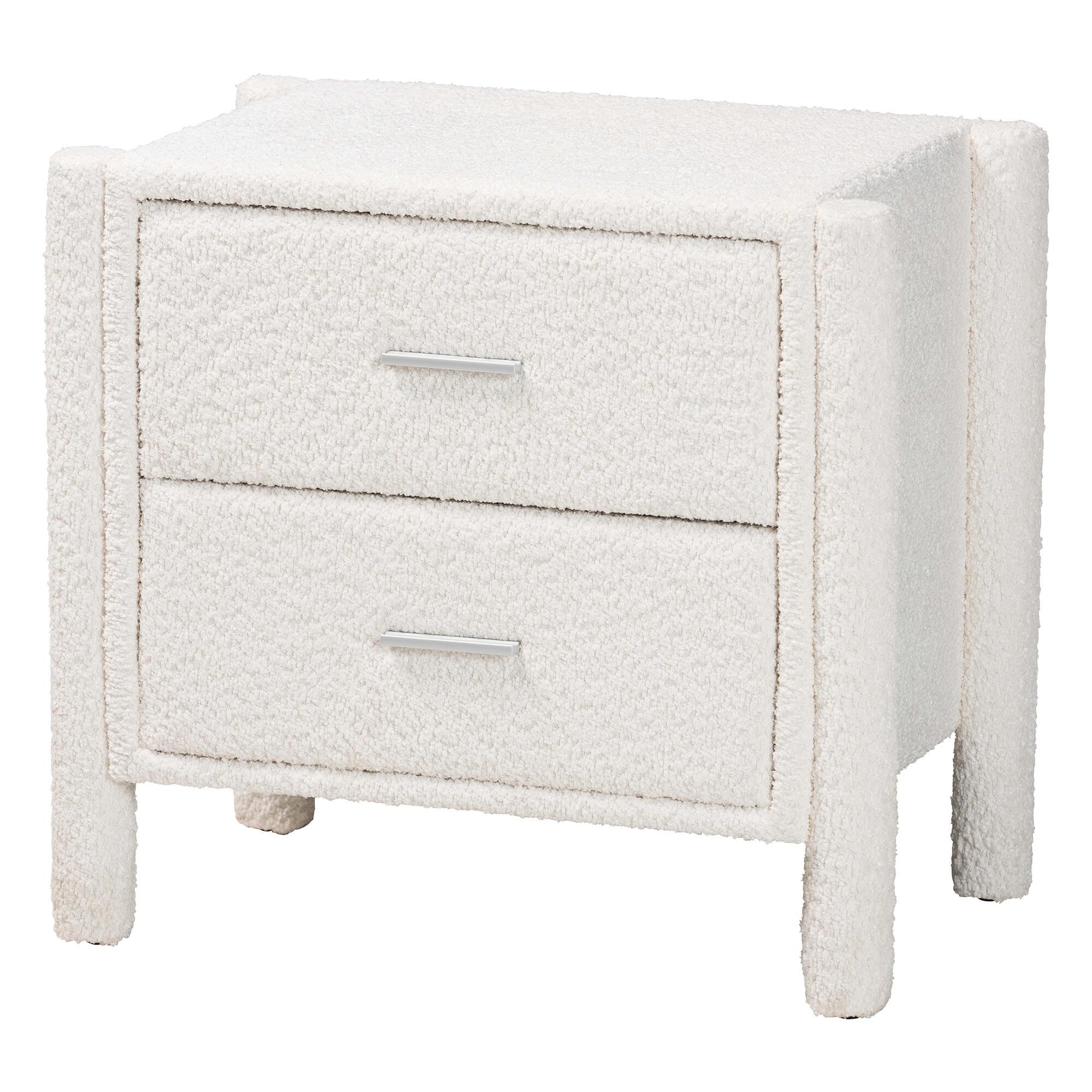 Laria Modern White Teddy-Bear Fabric 2-Drawer Nightstand, WHITE, alternate image number 1