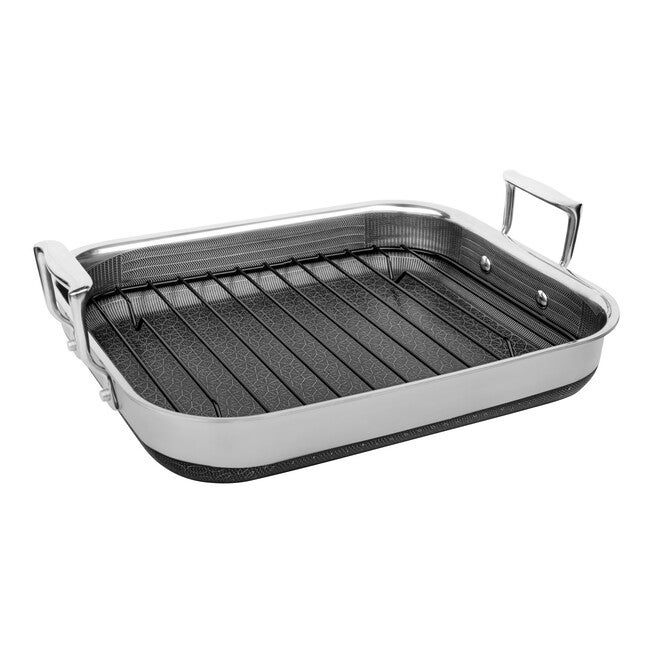 LIVWELL DiamondClad™ 14-inch Hybrid Nonstick Stainless Steel Roasting Pan with Basket, Dishwasher Safe, PFOA-free – Silver/Black, SILVER, hi-res image number 0