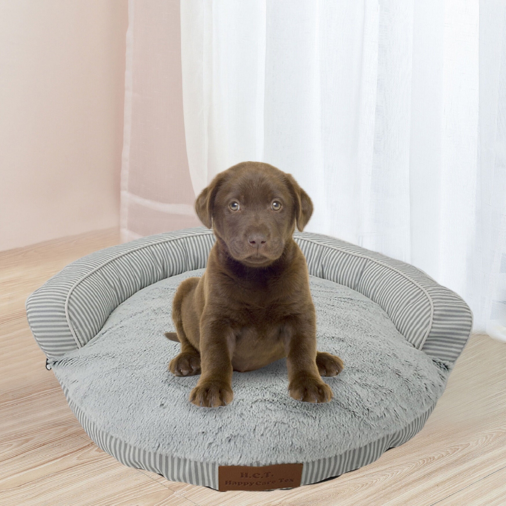 Stripe Printing poly-cotton bolster with detachable faux fur cushion Medium Size, STRIPED GREY, hi-res image number 0