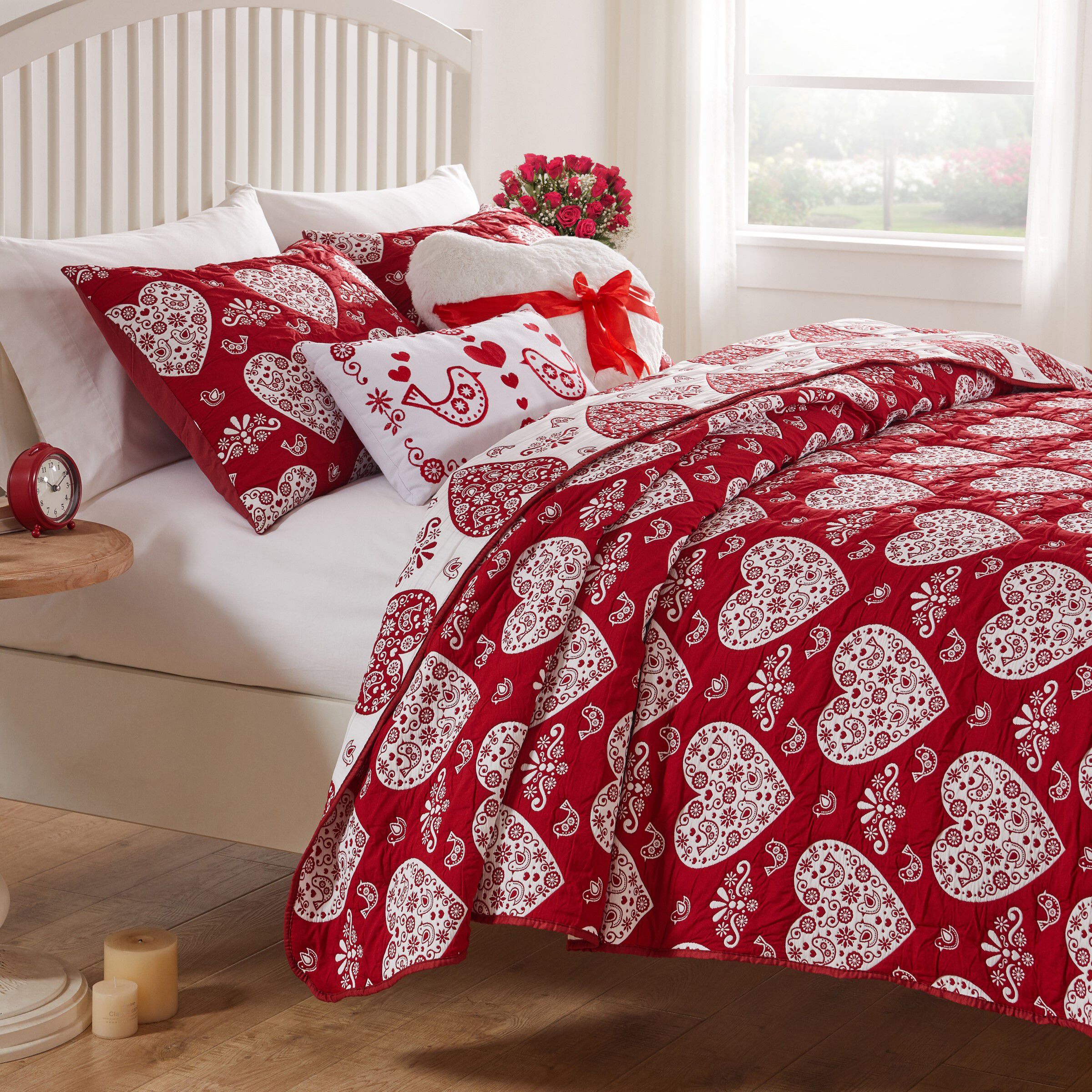 Lovebirds Romantic Hearts Matelass&eacute; Coverlet Set, RED, hi-res image number 0