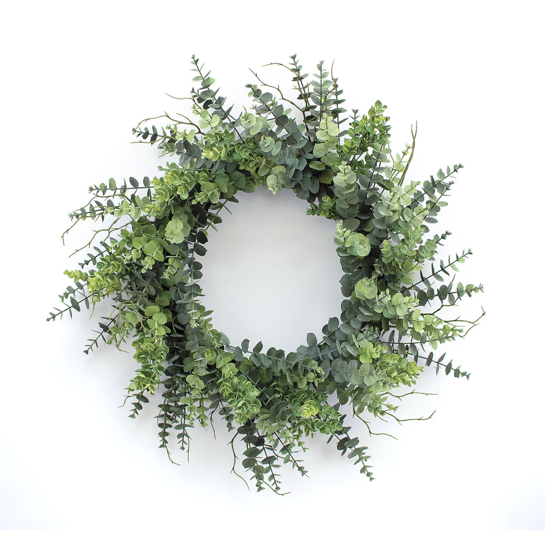 Mixed Eucalyptus Leaf Foliage Wreath With Twig Accents 29 inchesD, GREEN, hi-res image number 0
