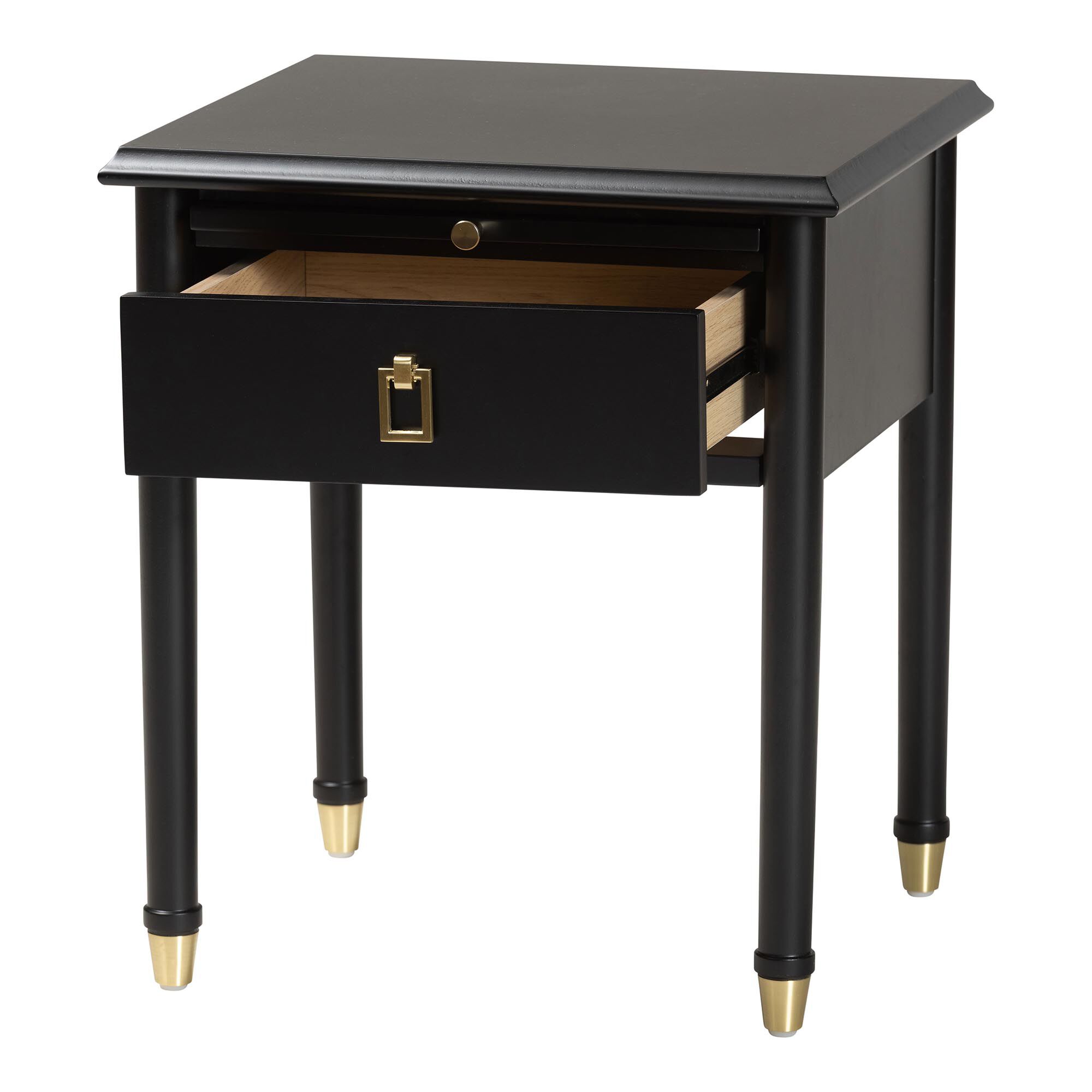 Nightstand with drawer pulled out showing interior