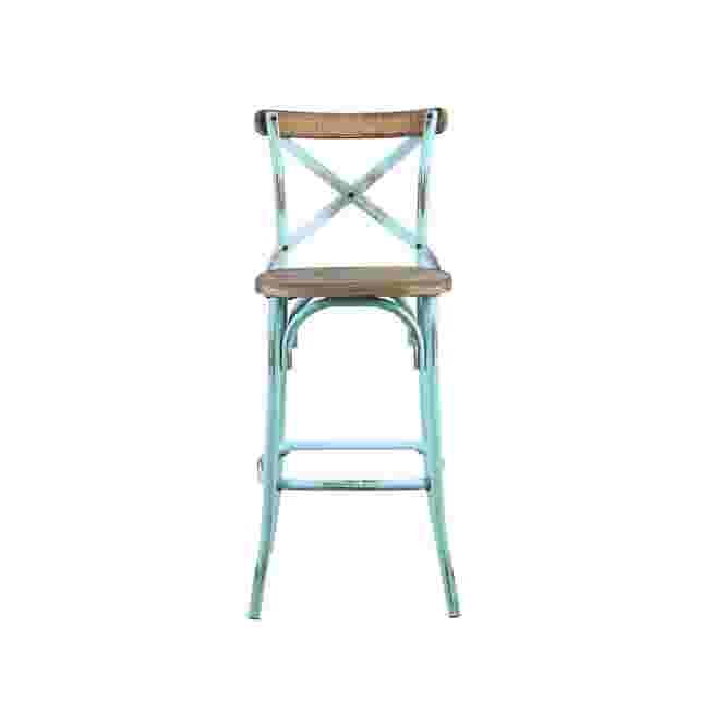 Bar chair with X-back, teal-green metal frame and wooden seat