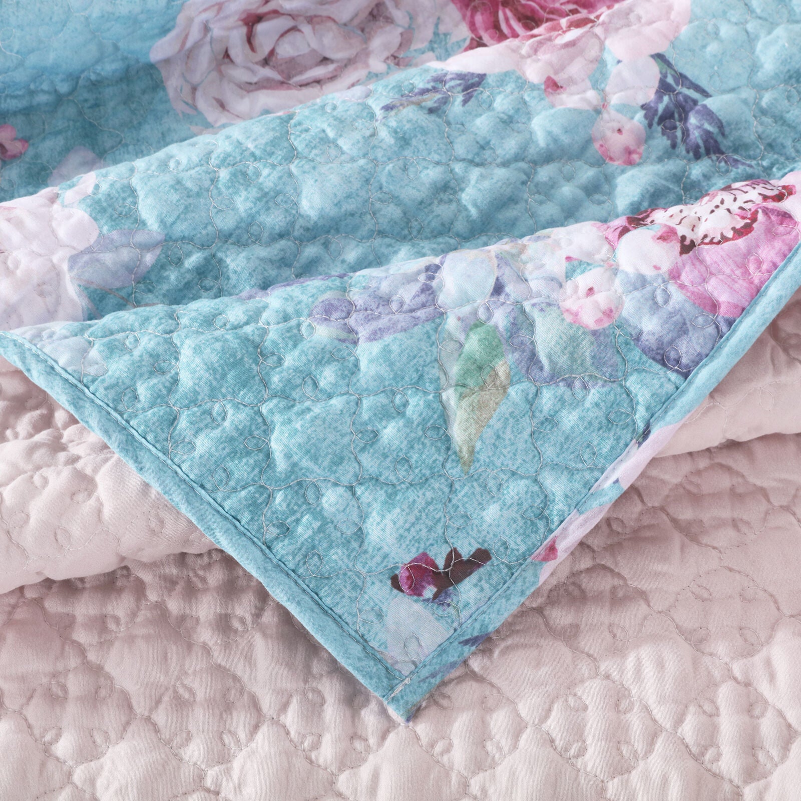 Avril Pastel Roses Quilted Throw Blanket, TURQUOISE BLUE, alternate image number 4