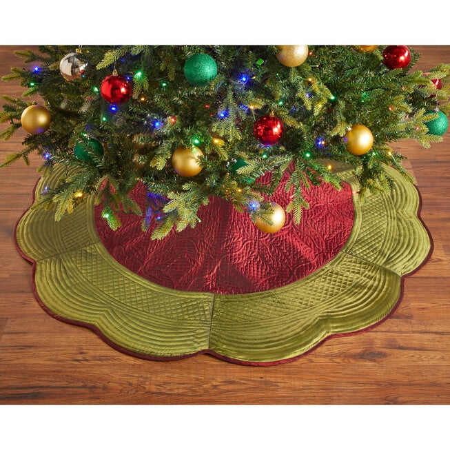 54 inches Quilted Tree Skirt, BURGUNDY GREEN, hi-res image number null