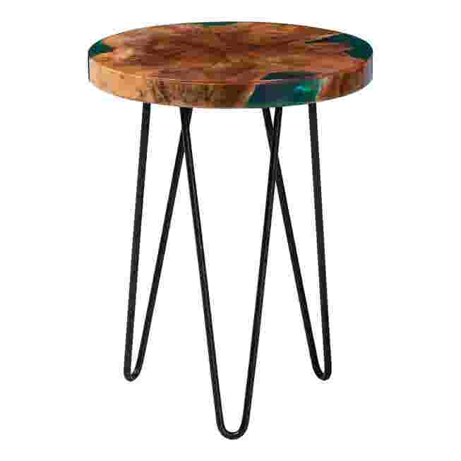 Round teak and teal epoxy resin end table shown from a different angle