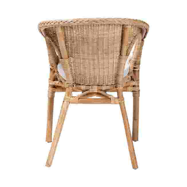 Front view natural rattan dining chair with white cushion