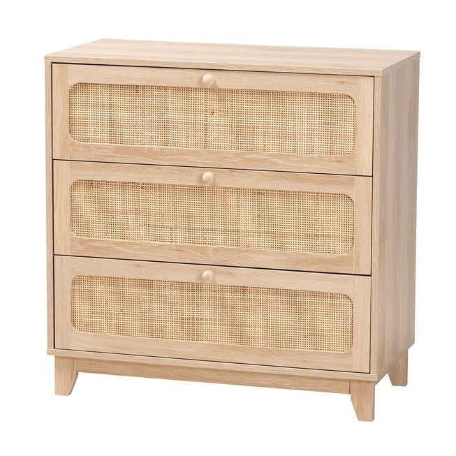 Elsbeth Japandi Oak Brown Finished Wood And Natural Rattan 3-Drawer Storage Cabinet, OAK BROWN, hi-res image number null