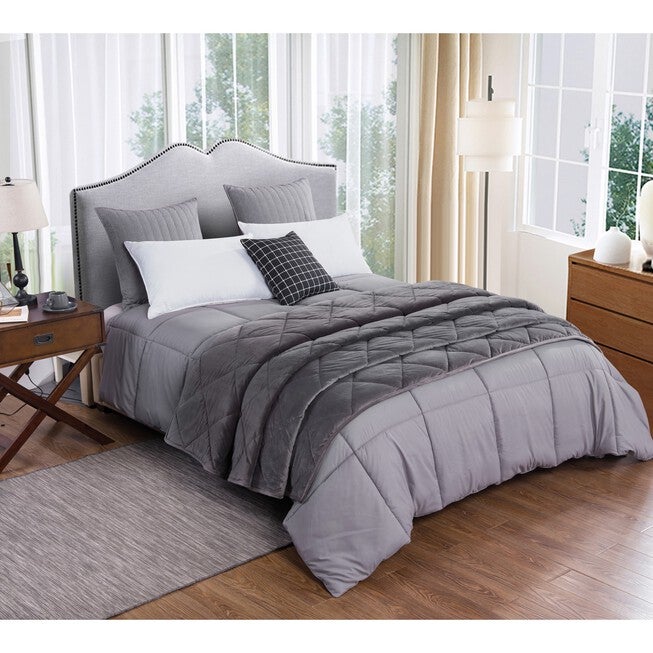 2pc Velvet Blanket & Down Alternative Comforter Set, Gray, DARK GREY, hi-res image number null