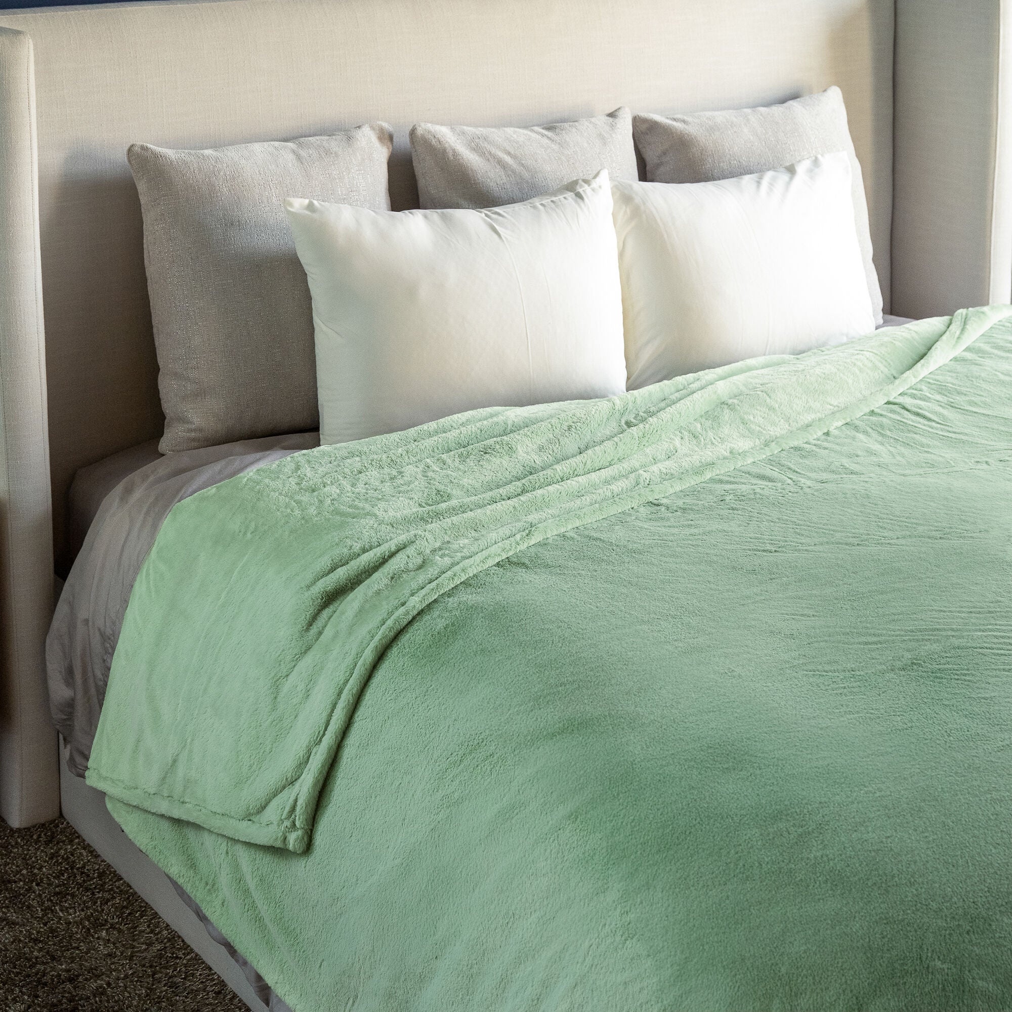 HGTV Super Luxe Faux Fur Throw Blanket Quietude 106 x 94 inches, GREEN, hi-res image number 0