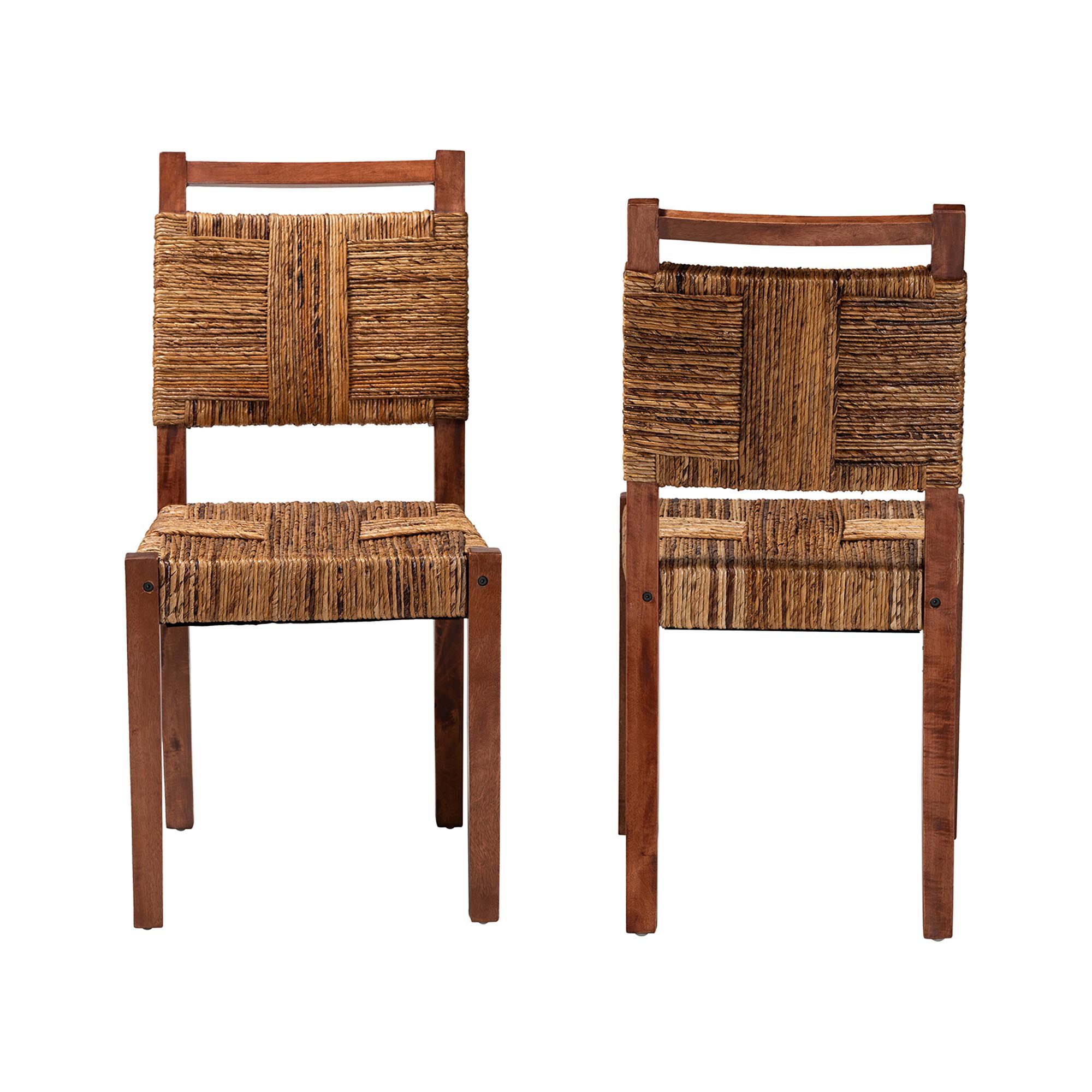 Front and side views of two woven seagrass dining chairs