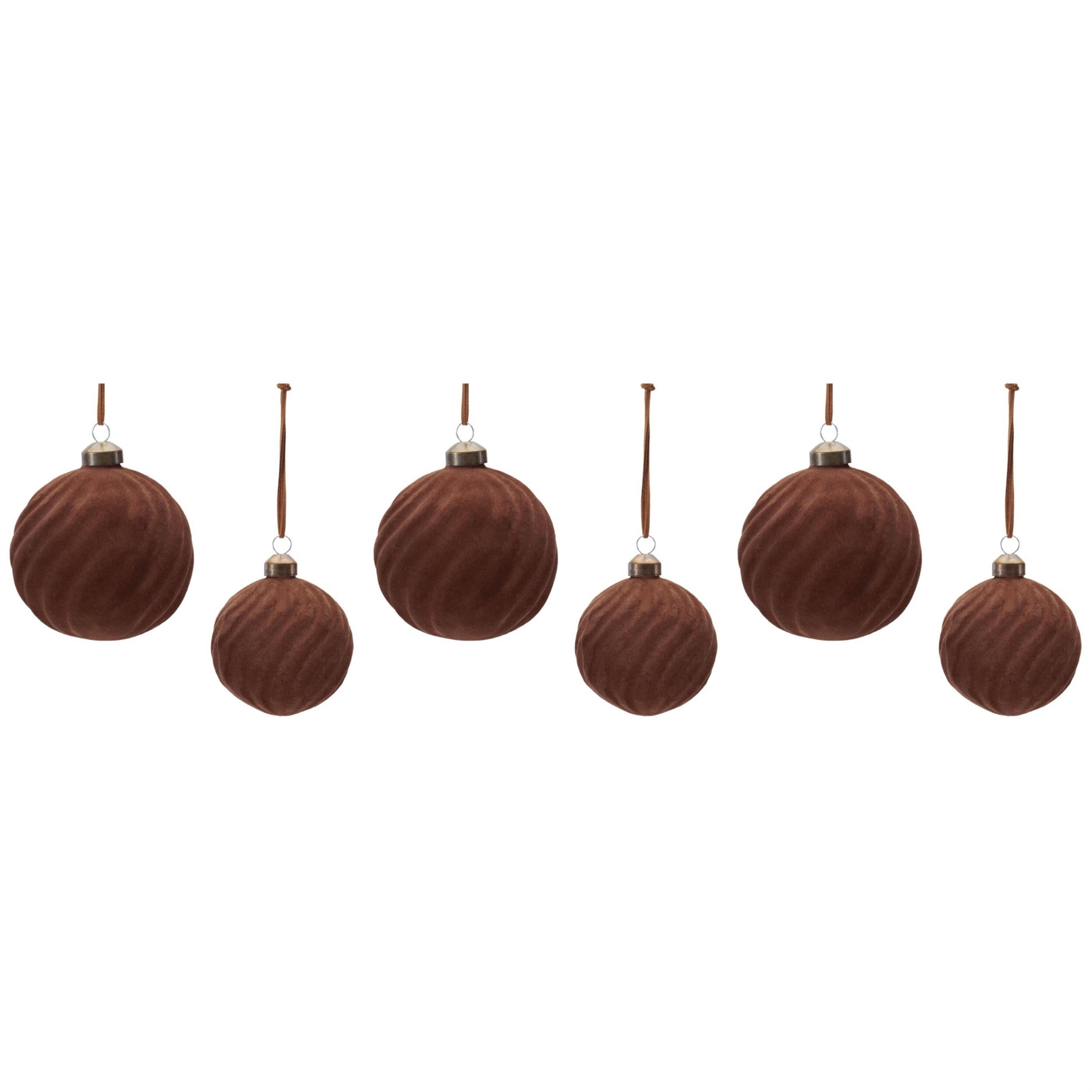 Flocked Ribbed Glass Ball Ornament (Set of 6), BROWN, alternate image number 4