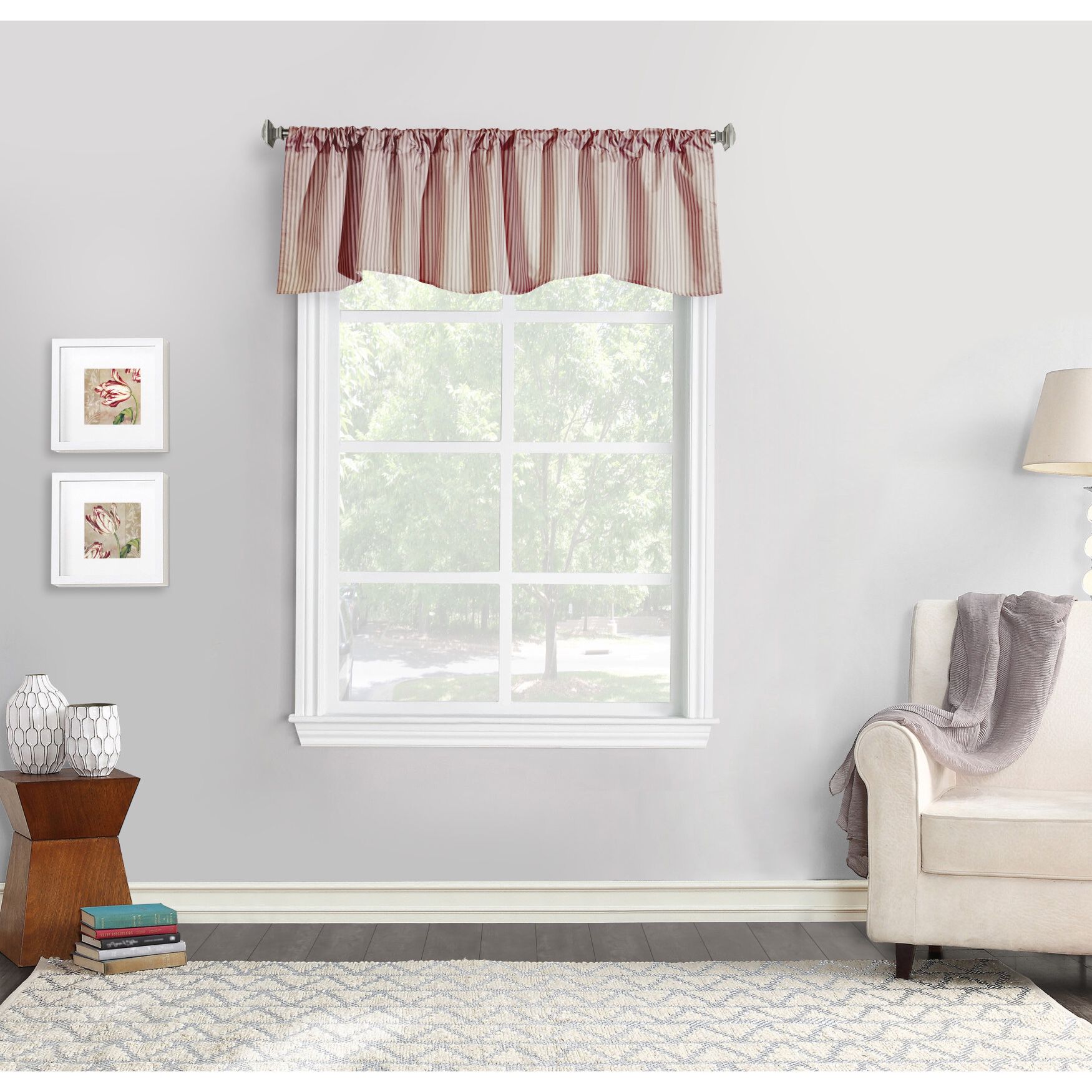 Ticking Stripe Room Darkening Pole Top Flat Valance, BURGUNDY, hi-res image number 0