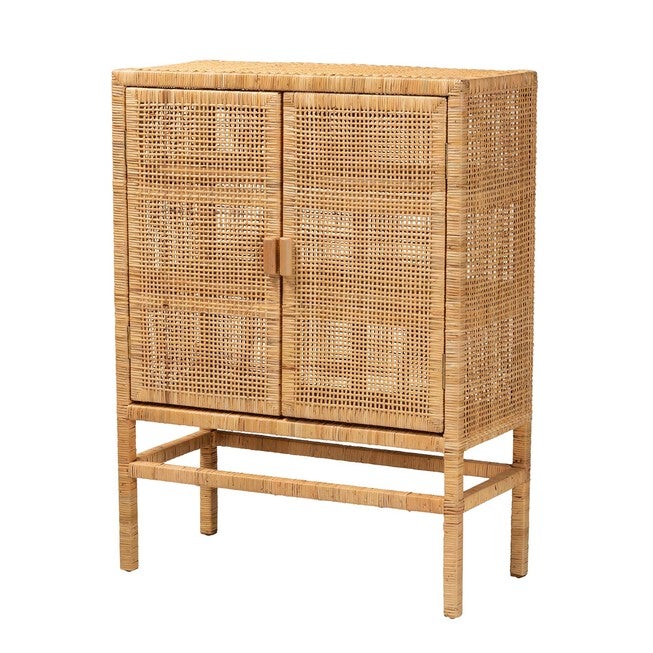 Vivan Modern Bohemian Natural Brown Rattan And Mahogany Wood 3-Shelf Storage Cabinet, NATURAL BROWN, hi-res image number null