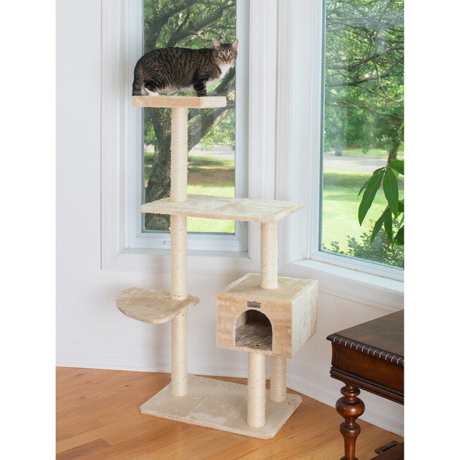 Gleepet 57 inches Beige Real Wood Cat Tree With Playhouse And Perch, , on-hover image number null