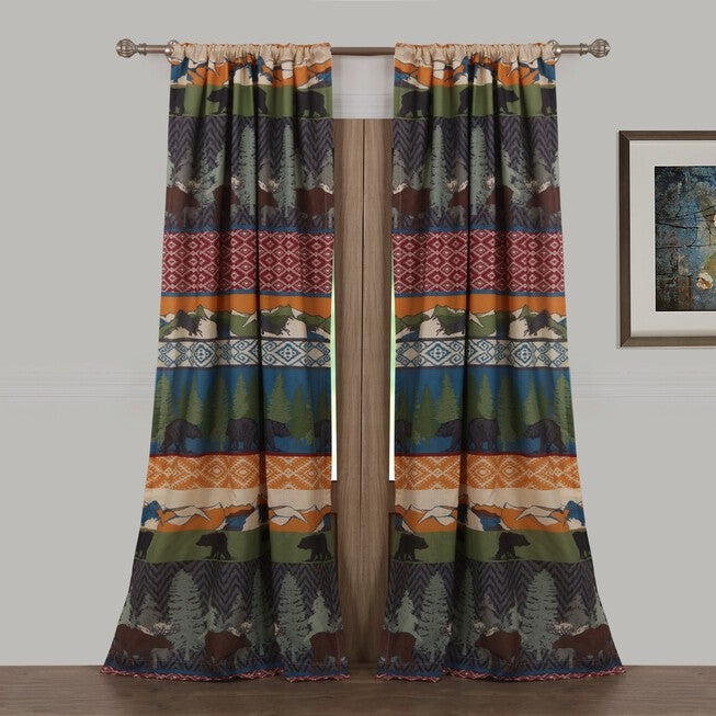 Black Bear Lodge Curtain Panel Pair , MULTI, hi-res image number 0