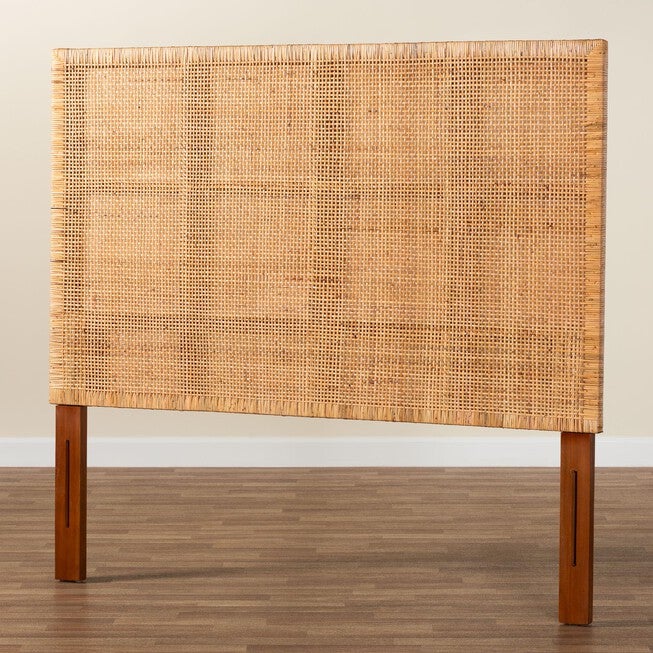 Lesia Bohemian Natural Rattan and Mahogany Wood Queen Size Headboard, LIGHT, alternate image number null