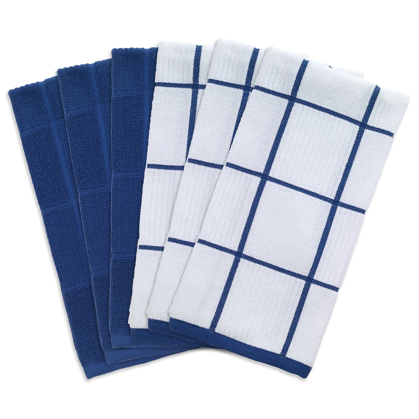 Solid And Check Parquet Kitchen Towel, Six Pack, BLUE, hi-res image number 0