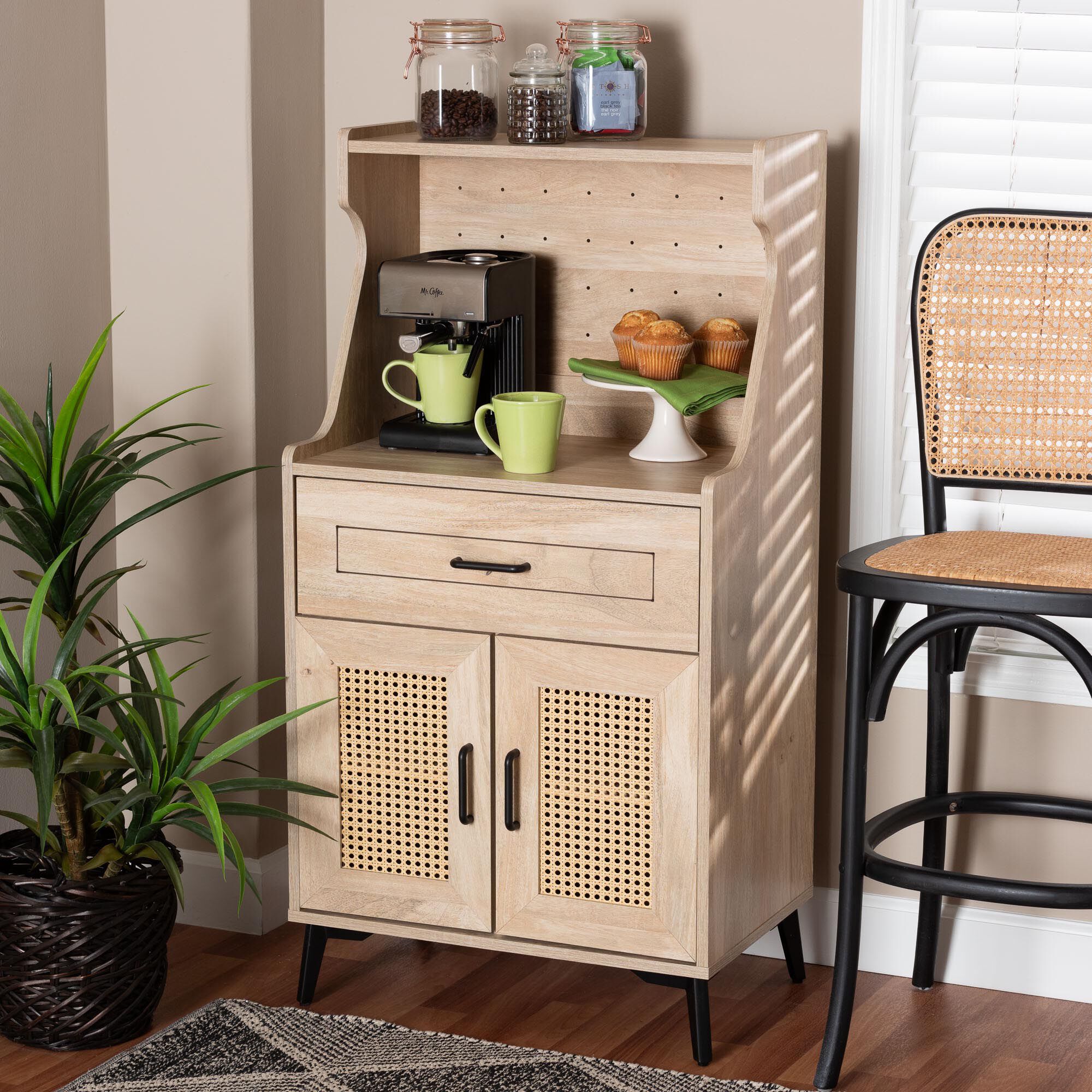 Pavone Mid-Century Modern Oak Brown Wood Kitchen Cabinet, BROWN, hi-res image number 0