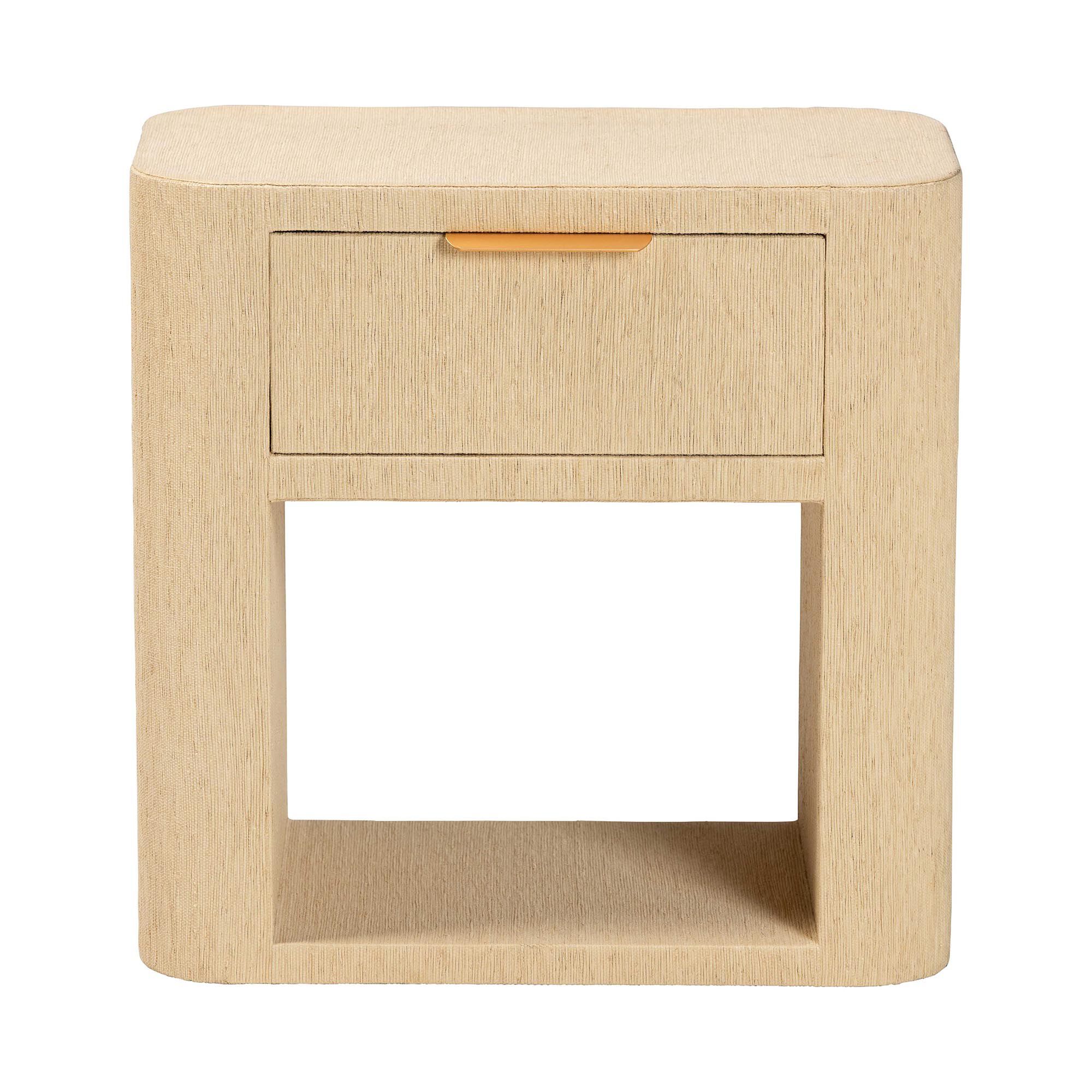 Beauford grasscloth nightstand with drawer and open shelf three-quarter view