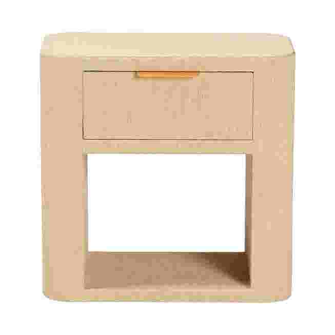 Beauford grasscloth nightstand with drawer and open shelf three-quarter view
