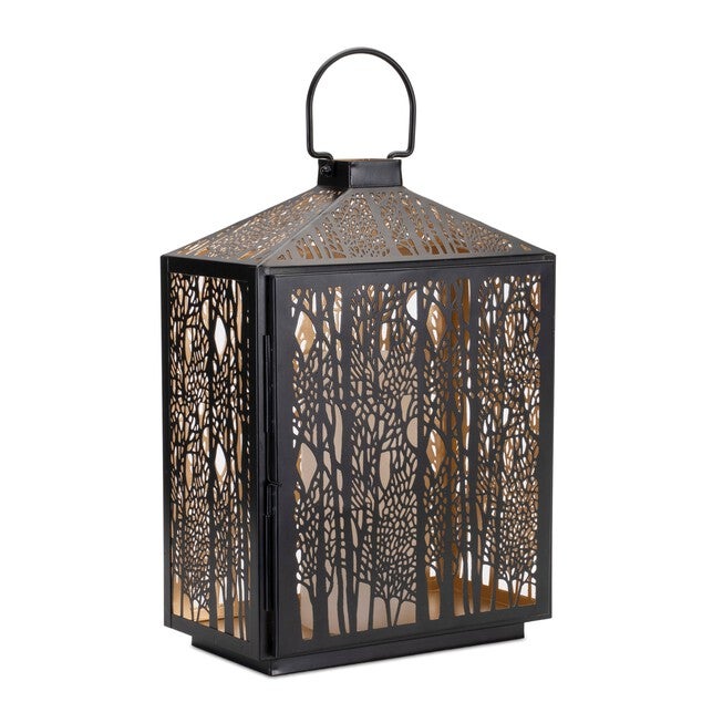 Forest Cut Metal Lantern with Gold Accent 16 inchesH, BLACK/GOLD, alternate image number 1