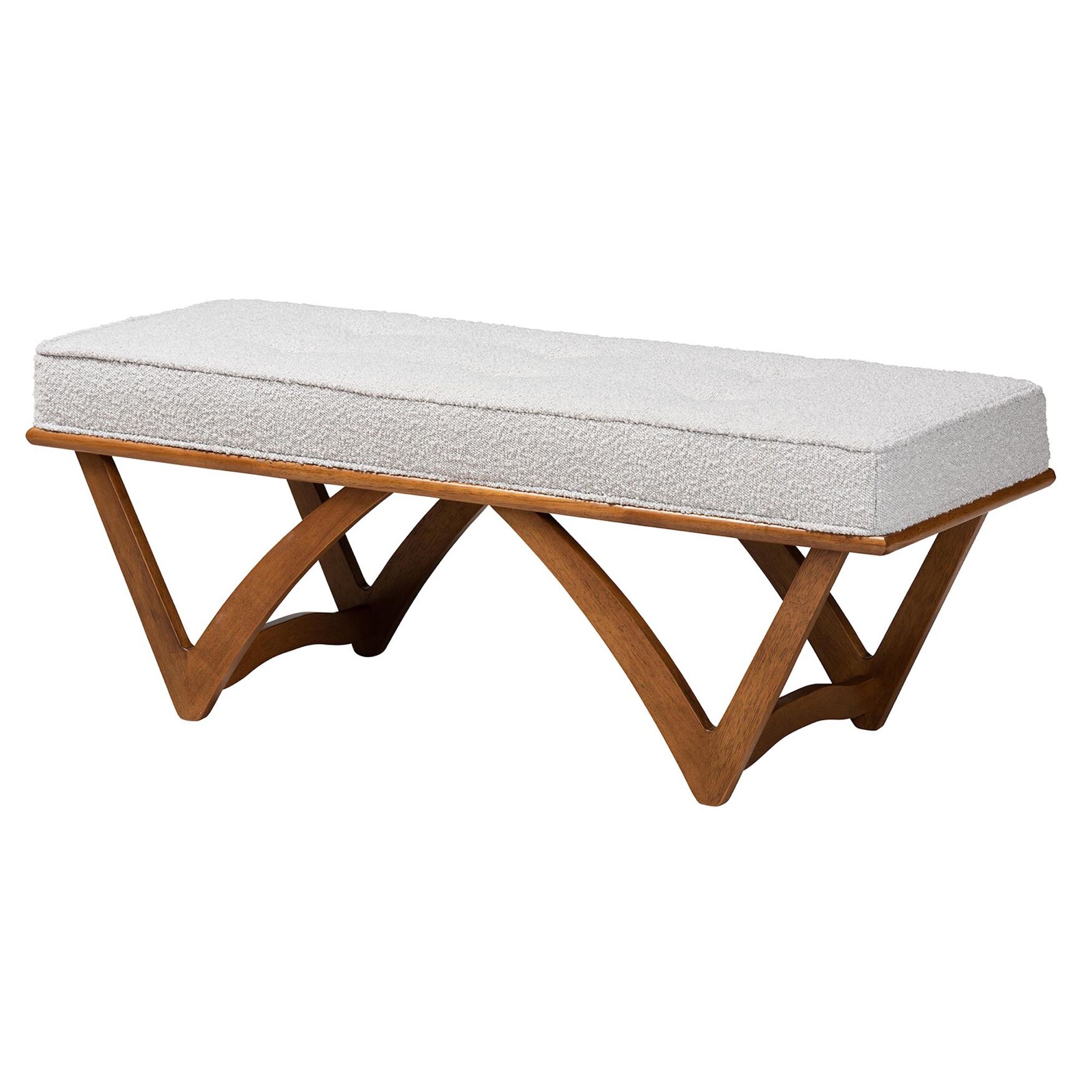 Chenoa Japandi Cream Boucle Fabric And Walnut Brown Finished Wood Bench, GREY WALNUT BROWN, hi-res image number 0