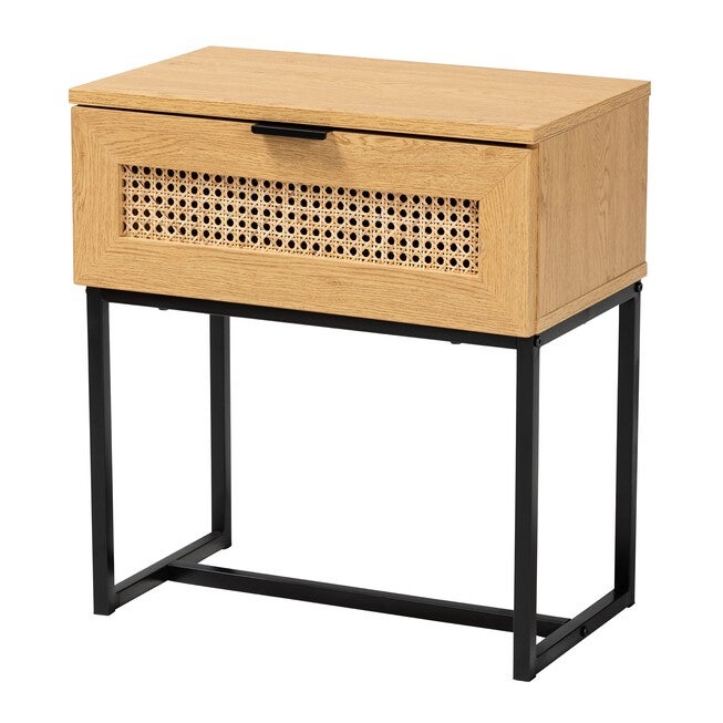Sawyer Mid-Century Modern Industrial Oak Brown Finished Wood And Black Metal 1-Drawer End Table With Natural Rattan, OAK BROWN BLACK, hi-res image number null