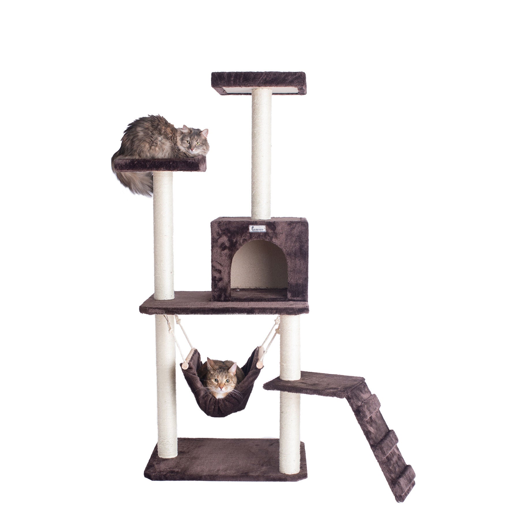 4 Level Gleepet Real Wood 57 inches Condo Cat Tree With Ramp, Hammock, COFFEE BROWN, hi-res image number 0