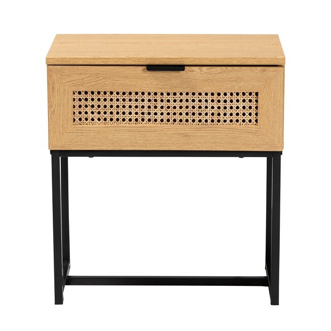 Sawyer Mid-Century Modern Industrial Oak Brown Finished Wood And Black Metal 1-Drawer End Table With Natural Rattan, , alternate image number null