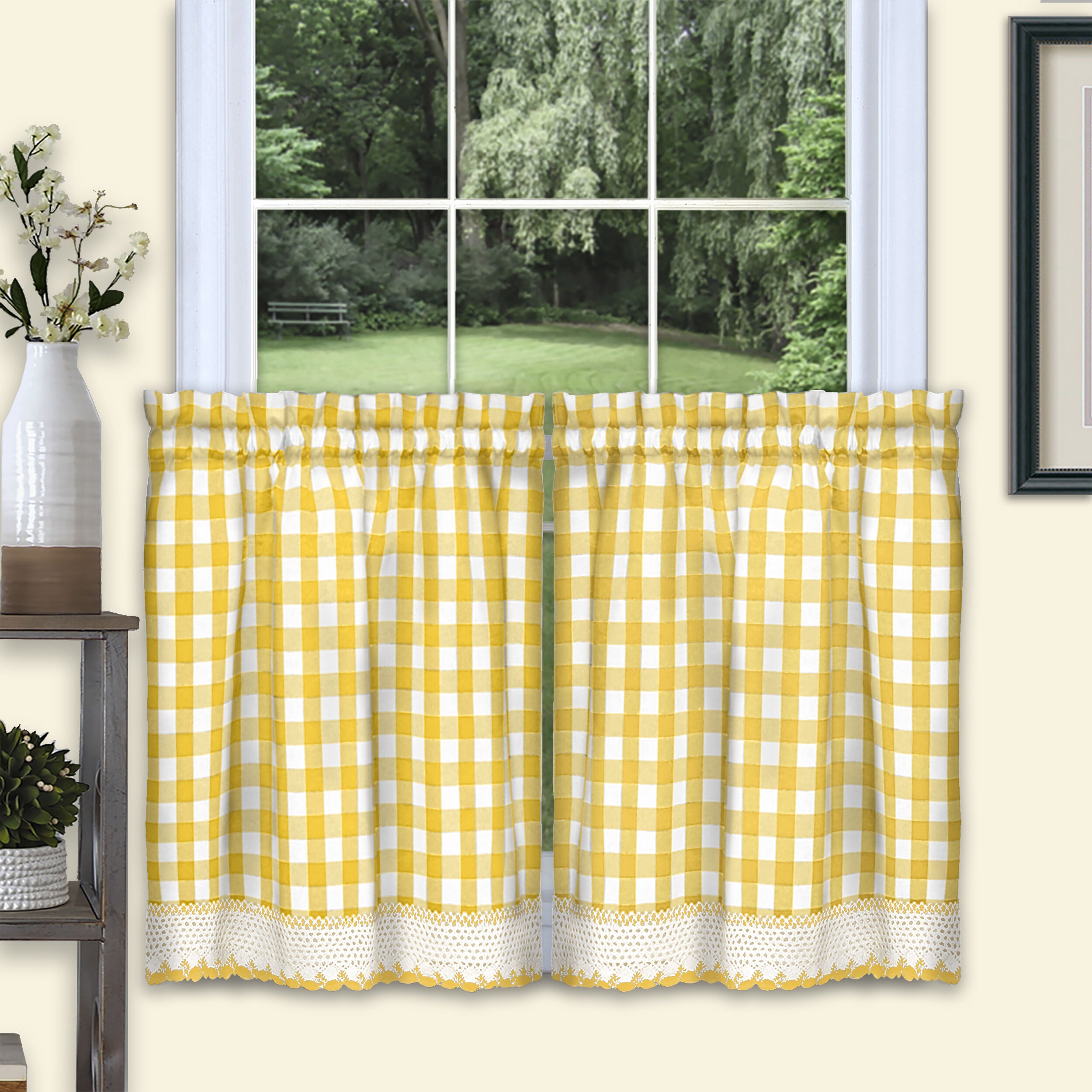 Buffalo Check Window Curtain Tier Pair, YELLOW, hi-res image number 0