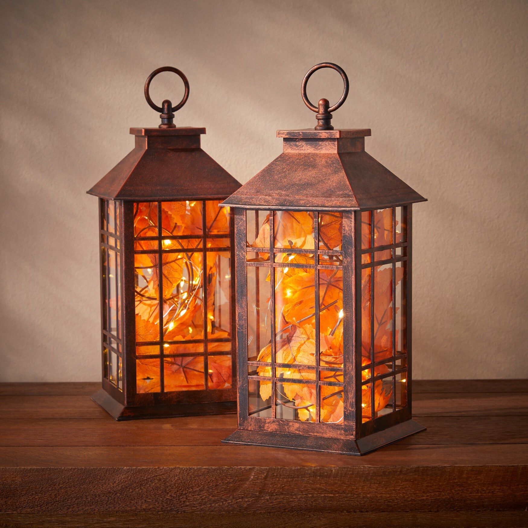 Set of 2 Harvest Maple Leaf Lanterns, BROWN, hi-res image number 0