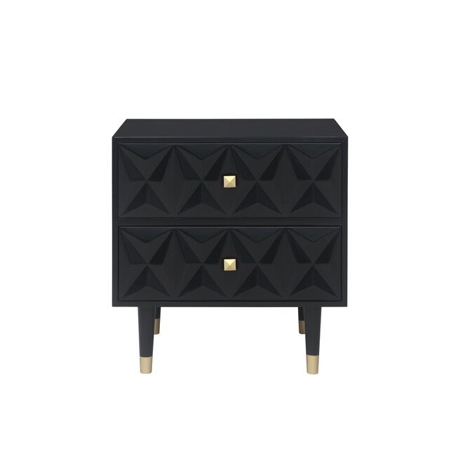 Two-drawer geo texture nightstand with faceted drawer fronts and gold square pulls