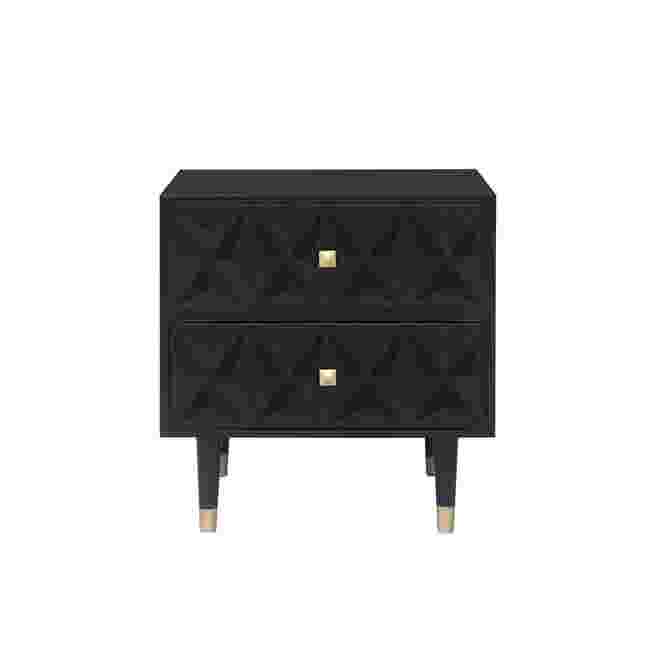 Black two-drawer nightstand with geometric texture