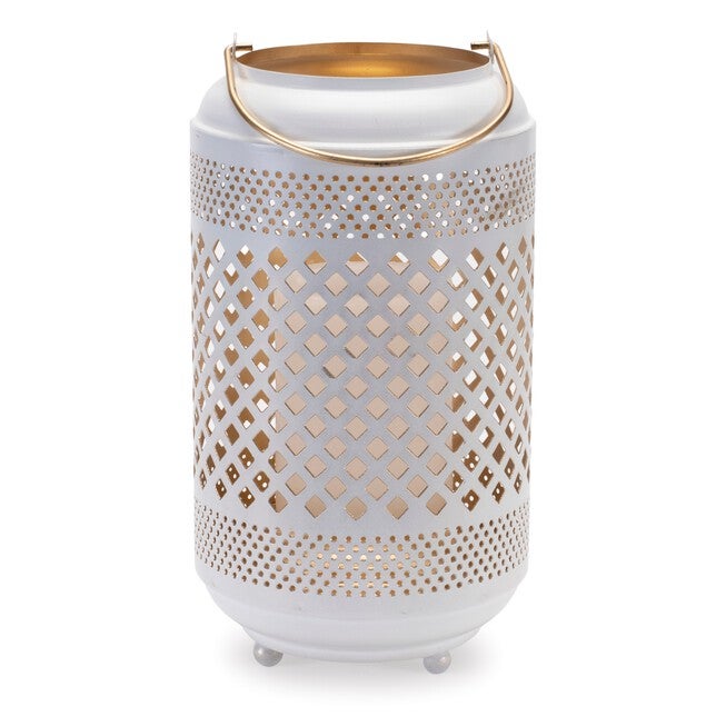 Lattice Punched Metal Lantern with Gold Accent 13.75 inchesH, WHITE/GOLD, alternate image number 1