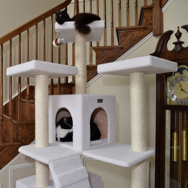 Classic 77 inches Multi Levels Real Wood Cat Tree With Ramp, Three Perches, Two Condos, , alternate image number null