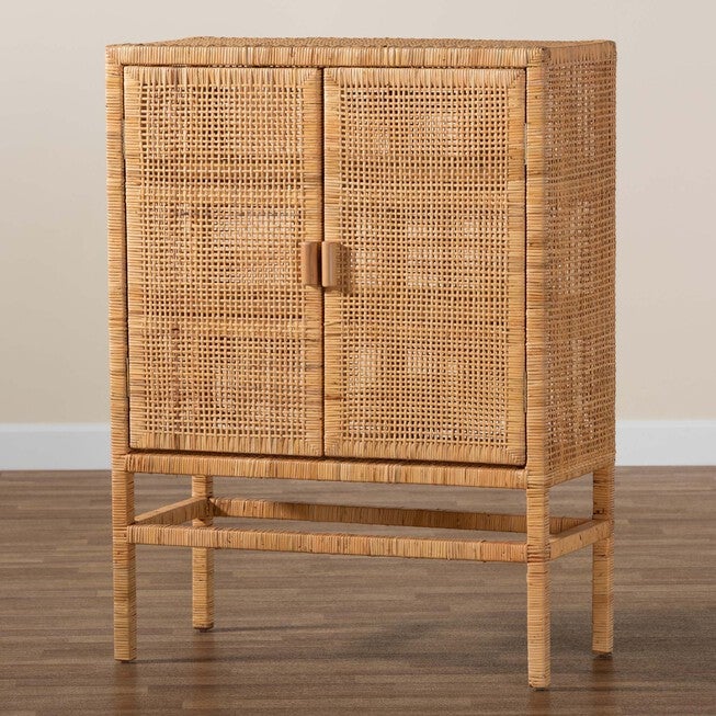 Vivan Modern Bohemian Natural Brown Rattan And Mahogany Wood 3-Shelf Storage Cabinet, , alternate image number null
