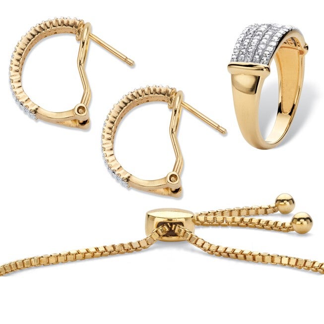 18K Gold-Plated Diamond Accent Demi Hoop Earrings, Ring and Adjustable Bolo Bracelet Set 9 inches, , on-hover image number null