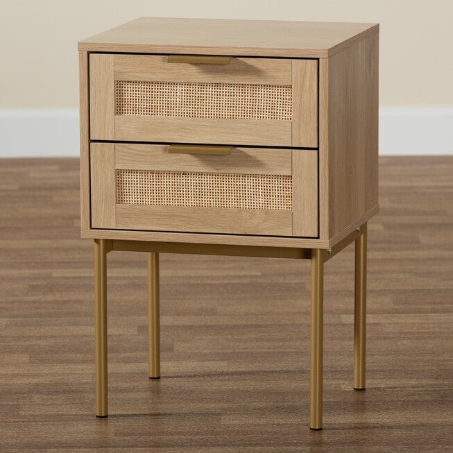 Dewitt Japandi Light Brown Finished Wood And Gold Metal 2-Drawer End Table, , alternate image number 8