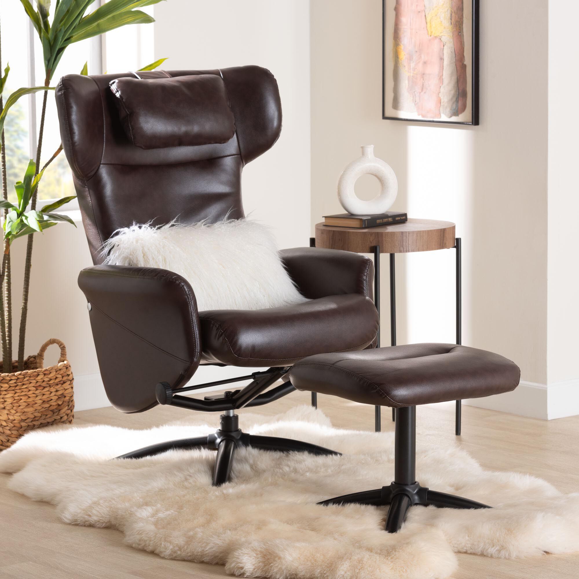 Elwood Modern Brown Faux Leather 2-Piece Lounge Chair and Footrest Set, BROWN, hi-res image number 0