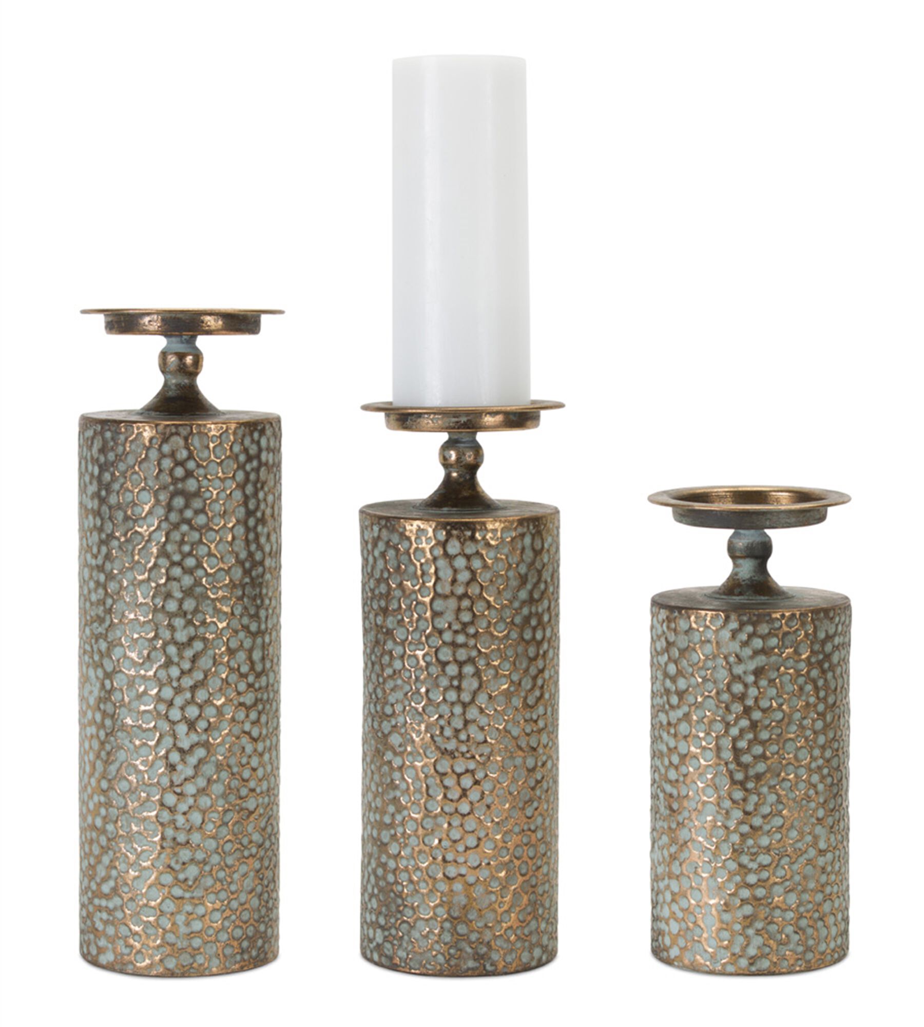 Hammered Bronze Metal Candle Holder (Set of 3), COPPER/GREEN, hi-res image number 0
